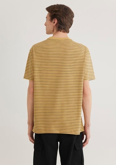  Mavi Baskılı Çizgili Hardal Tişört Loose Fit / Bol Rahat Kesim 0612495-70205