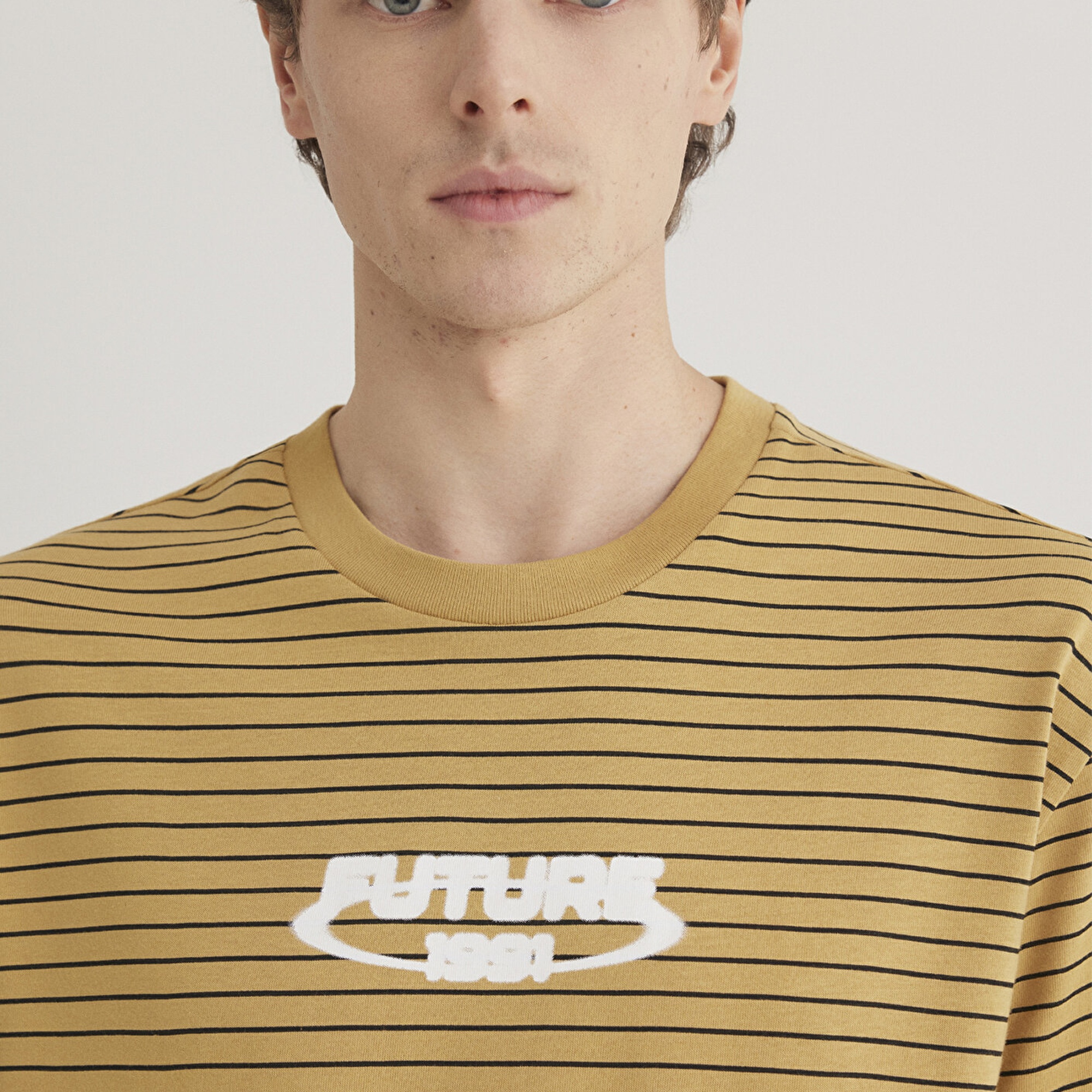 Mavi Baskılı Çizgili Hardal Tişört Loose Fit / Bol Rahat Kesim 0612495-70205