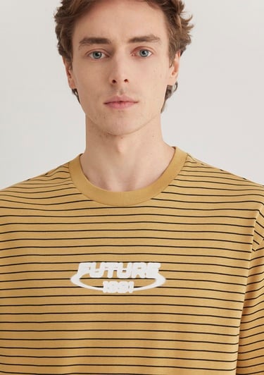  Mavi Baskılı Çizgili Hardal Tişört Loose Fit / Bol Rahat Kesim 0612495-70205