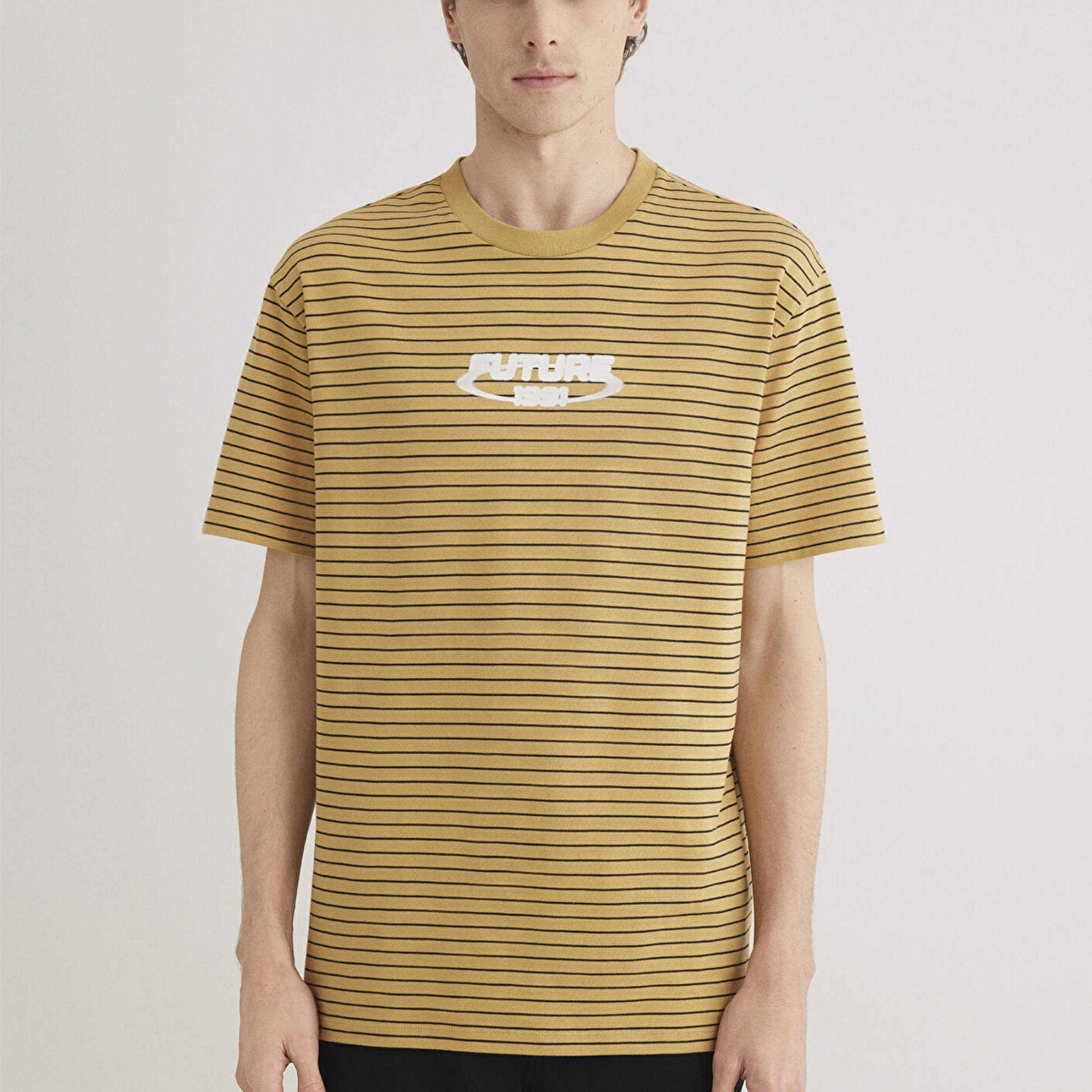 Mavi Baskılı Çizgili Hardal Tişört Loose Fit / Bol Rahat Kesim 0612495-70205