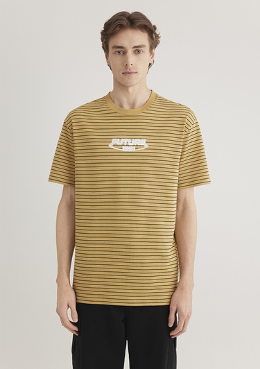  Mavi Baskılı Çizgili Hardal Tişört Loose Fit / Bol Rahat Kesim 0612495-70205