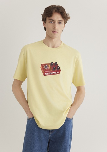  Mavi Müzik Baskılı Sarı Tişört Loose Fit / Bol Rahat Kesim 0612485-84567