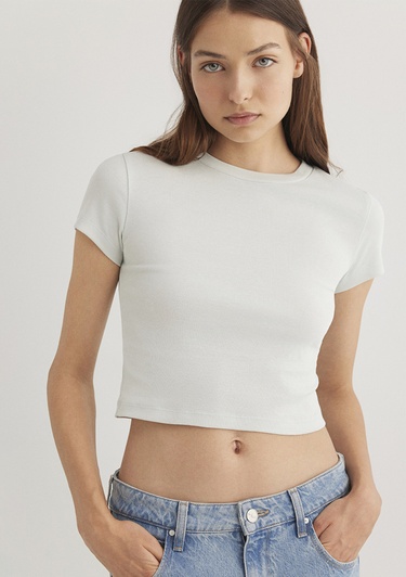  Mavi Yeşil Basic Tişört Crop / Kısa Kesim 1600814-71453