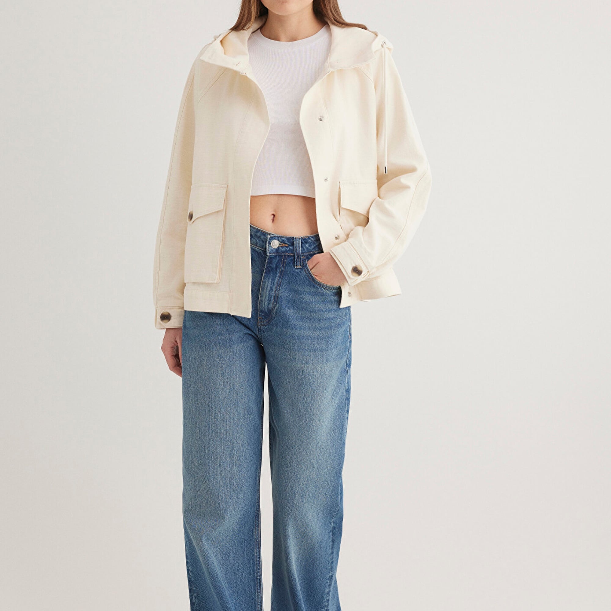 Mavi Kapüşonlu Ekru Ceket Oversize / Geniş Kesim 1110625-89513