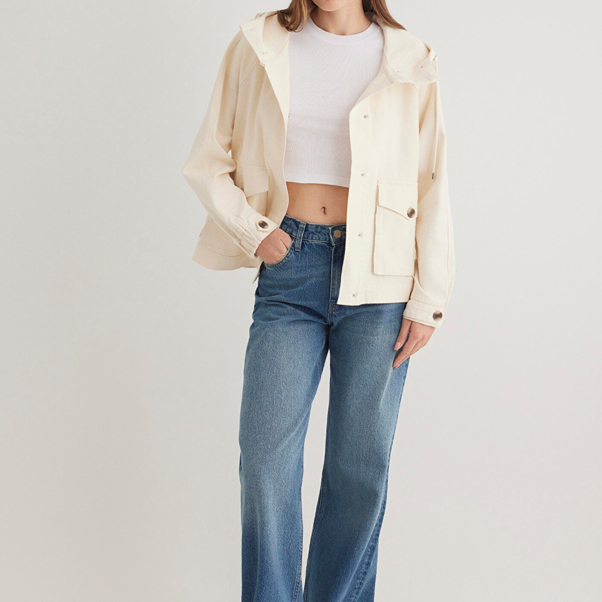 Mavi Kapüşonlu Ekru Ceket Oversize / Geniş Kesim 1110625-89513