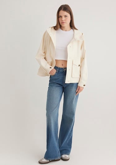  Mavi Kapüşonlu Ekru Ceket Oversize / Geniş Kesim 1110625-89513