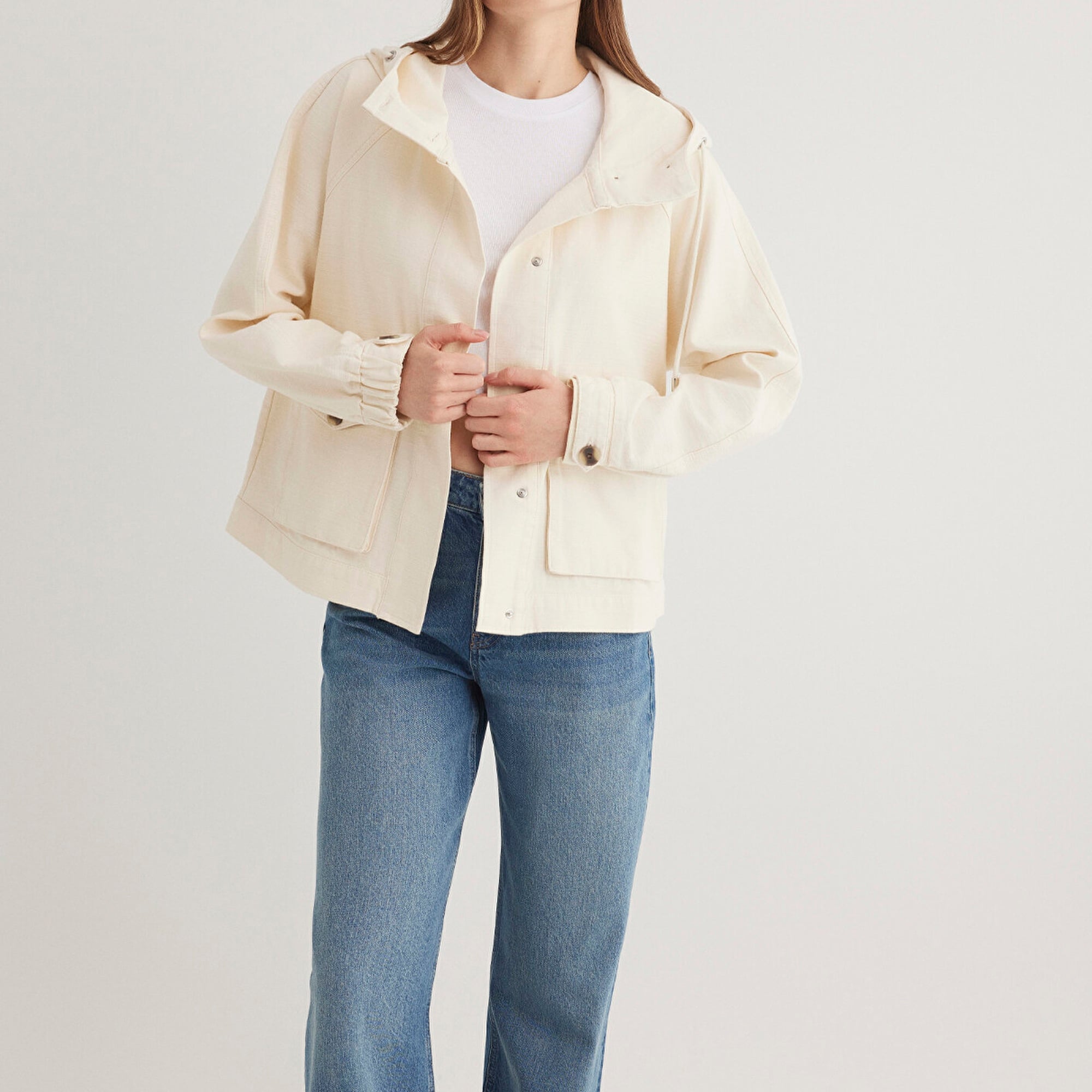 Mavi Kapüşonlu Ekru Ceket Oversize / Geniş Kesim 1110625-89513