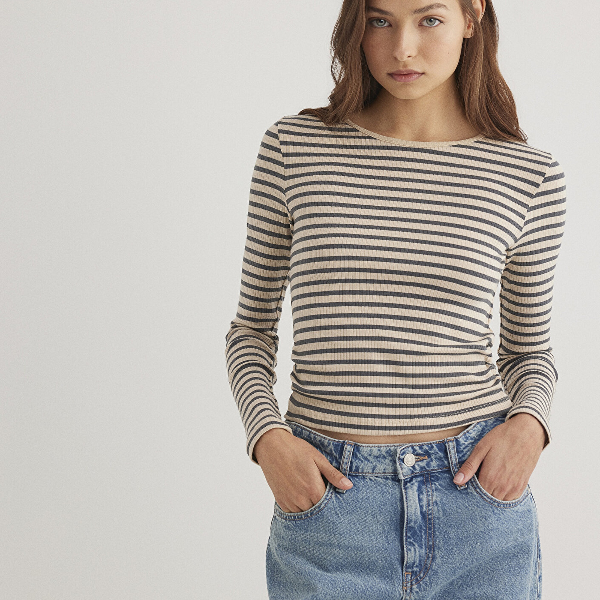 Mavi Çizgili Antrasit Tişört Slim Fit / Dar Kesim 1612648-88032