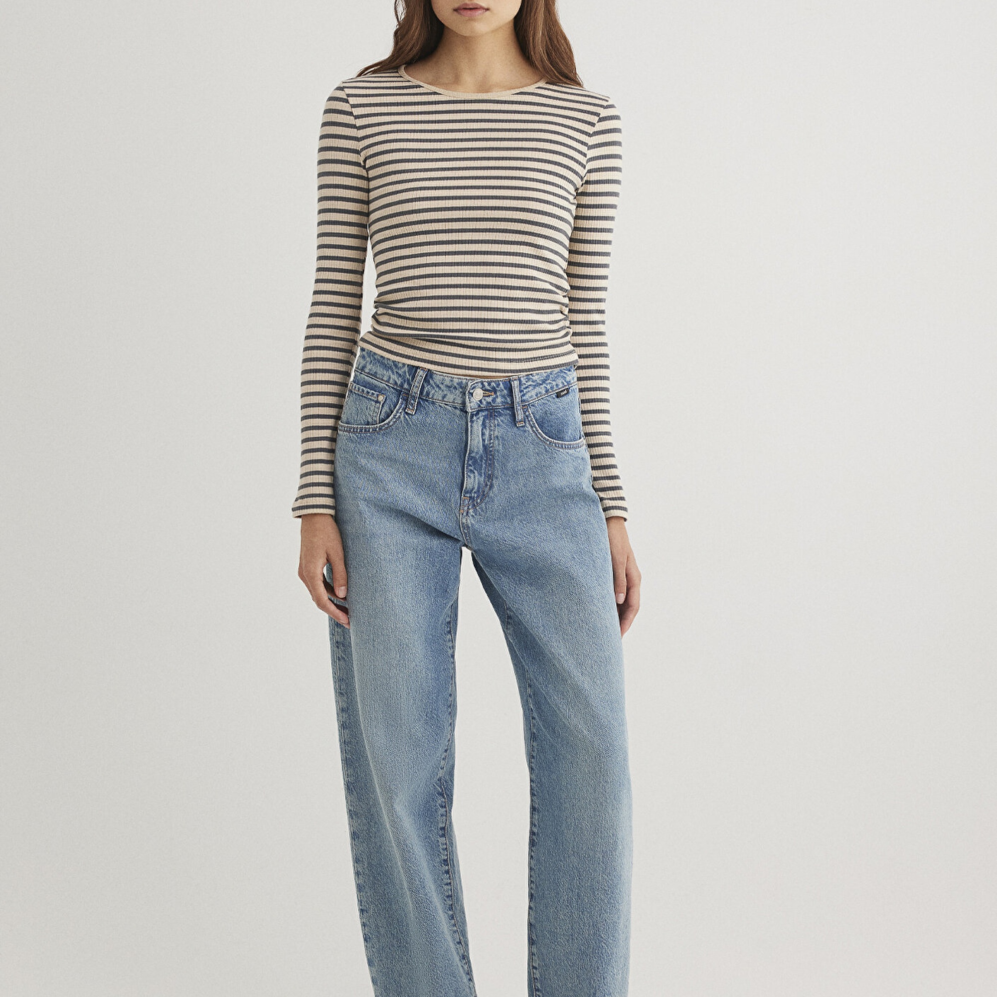 Mavi Çizgili Antrasit Tişört Slim Fit / Dar Kesim 1612648-88032