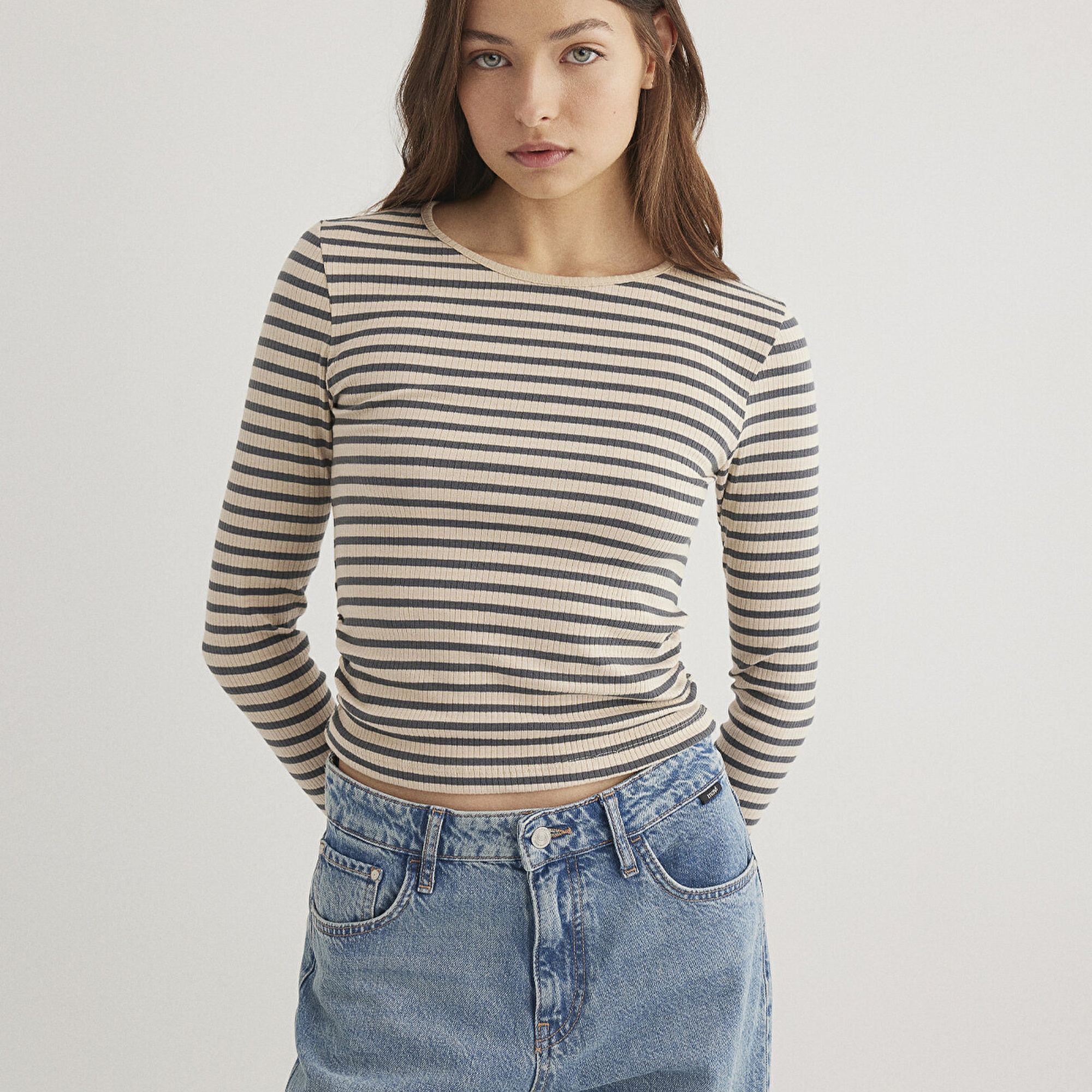 Mavi Çizgili Antrasit Tişört Slim Fit / Dar Kesim 1612648-88032