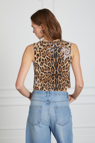  Leopar Desenli Payetli Yelek