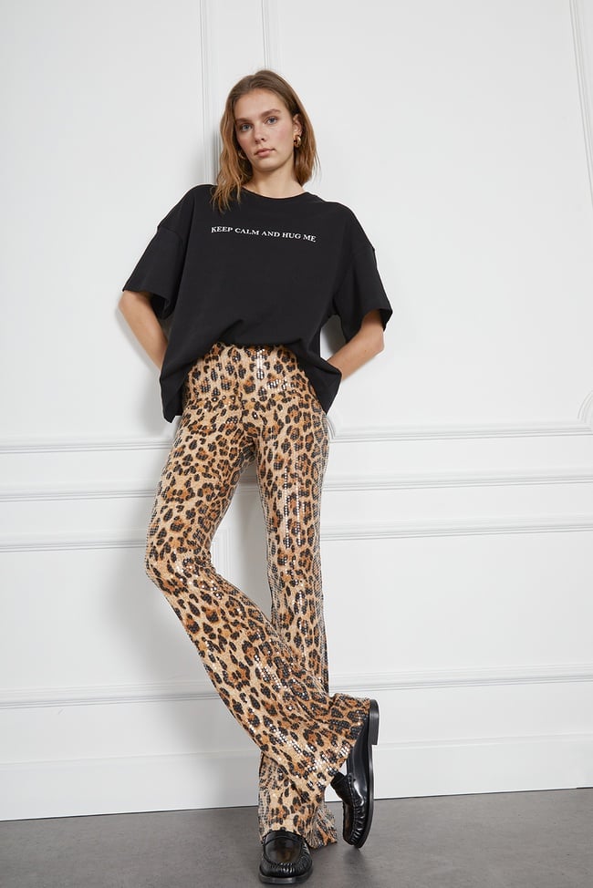  Leopar Desenli Payetli Pantolon