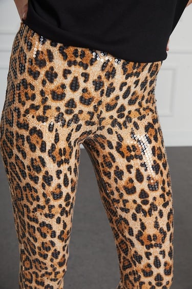  Leopar Desenli Payetli Pantolon