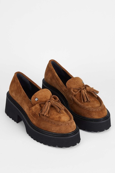  Tamer Tanca Kadın Hakiki Deri Taba Süet Loafer Ayakkabı