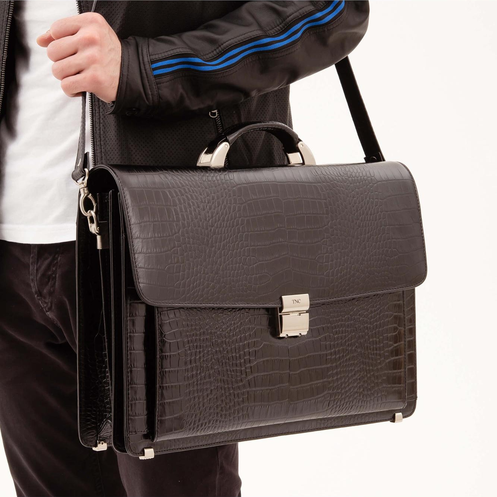 Tamer Tanca Erkek Hakiki Deri Siyah Kroko Evrak Çantası