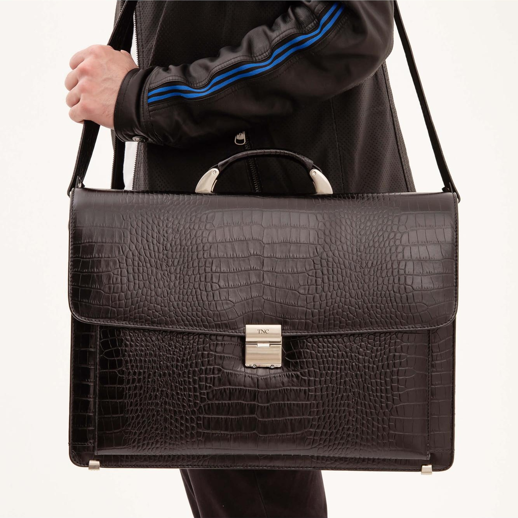 Tamer Tanca Erkek Hakiki Deri Siyah Kroko Evrak Çantası