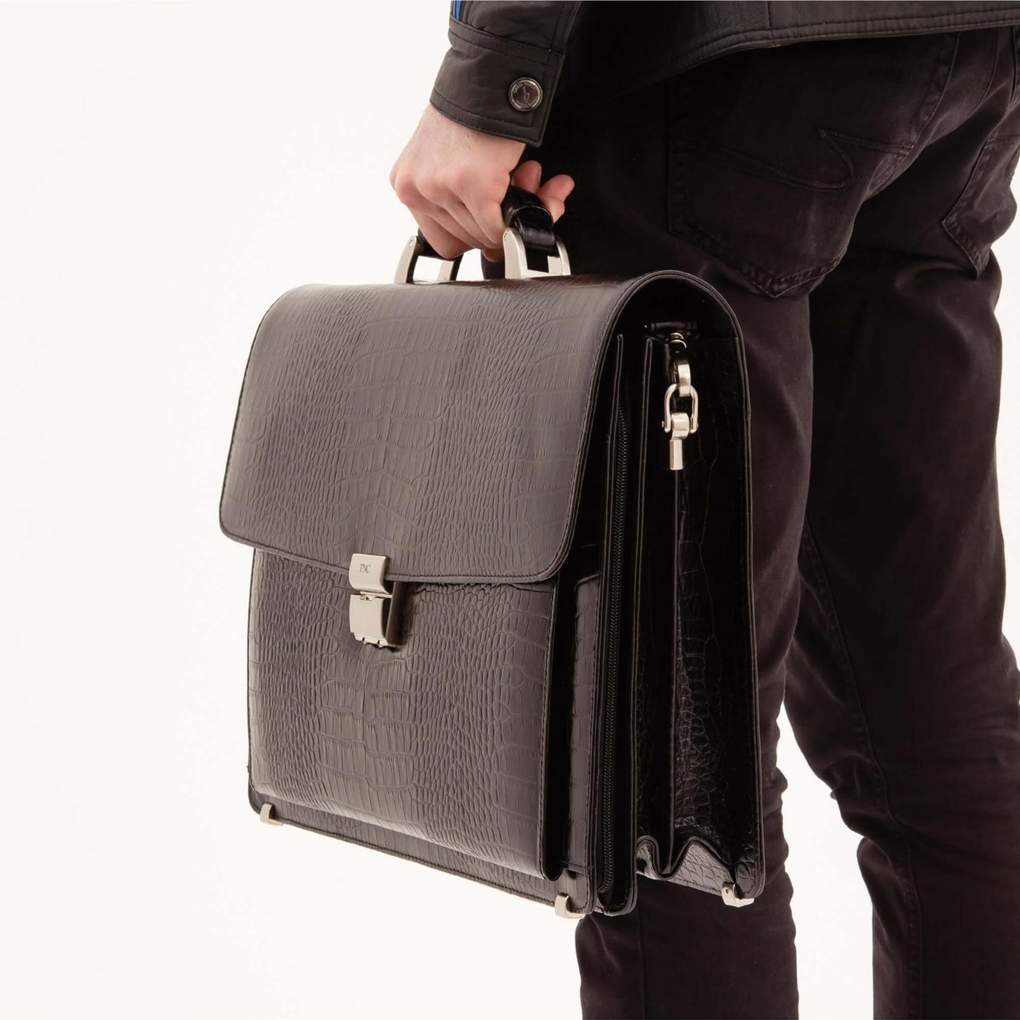 Tamer Tanca Erkek Hakiki Deri Siyah Kroko Evrak Çantası