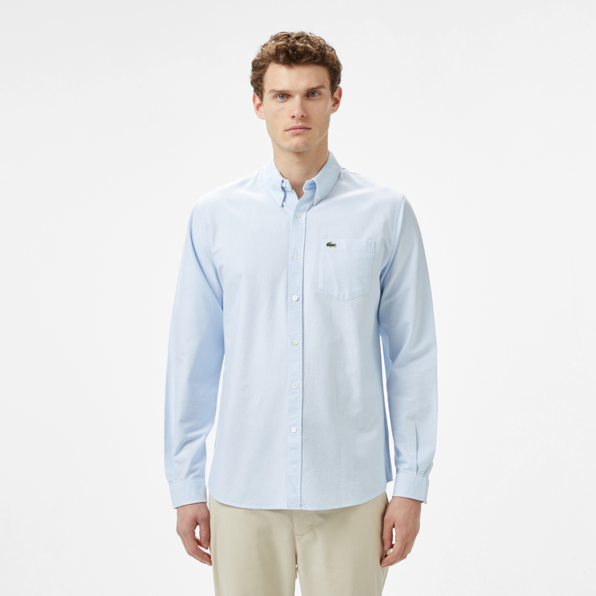 Erkek Regular Fit Düğmeli Yaka Organik Pamuk Mavi Gömlek