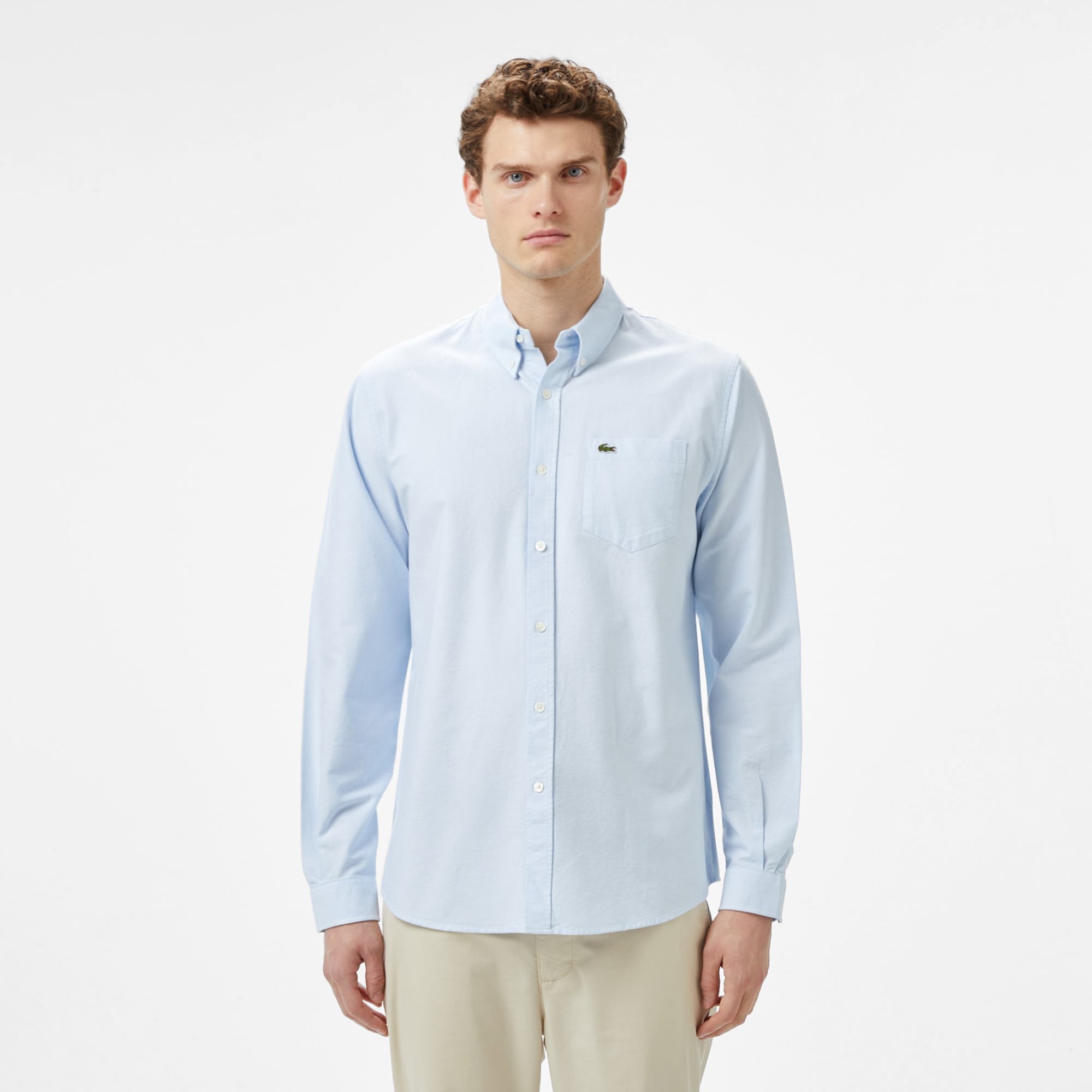  Erkek Regular Fit Düğmeli Yaka Organik Pamuk Mavi Gömlek