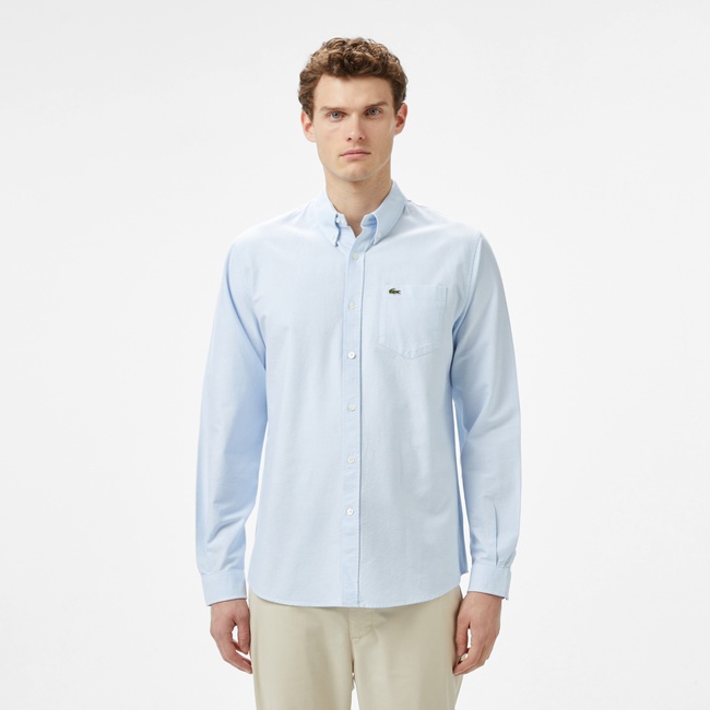  Erkek Regular Fit Düğmeli Yaka Organik Pamuk Mavi Gömlek