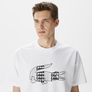  Lacoste Erkek Relaxed Fit Bisiklet Yaka Baskılı Beyaz T-Shirt