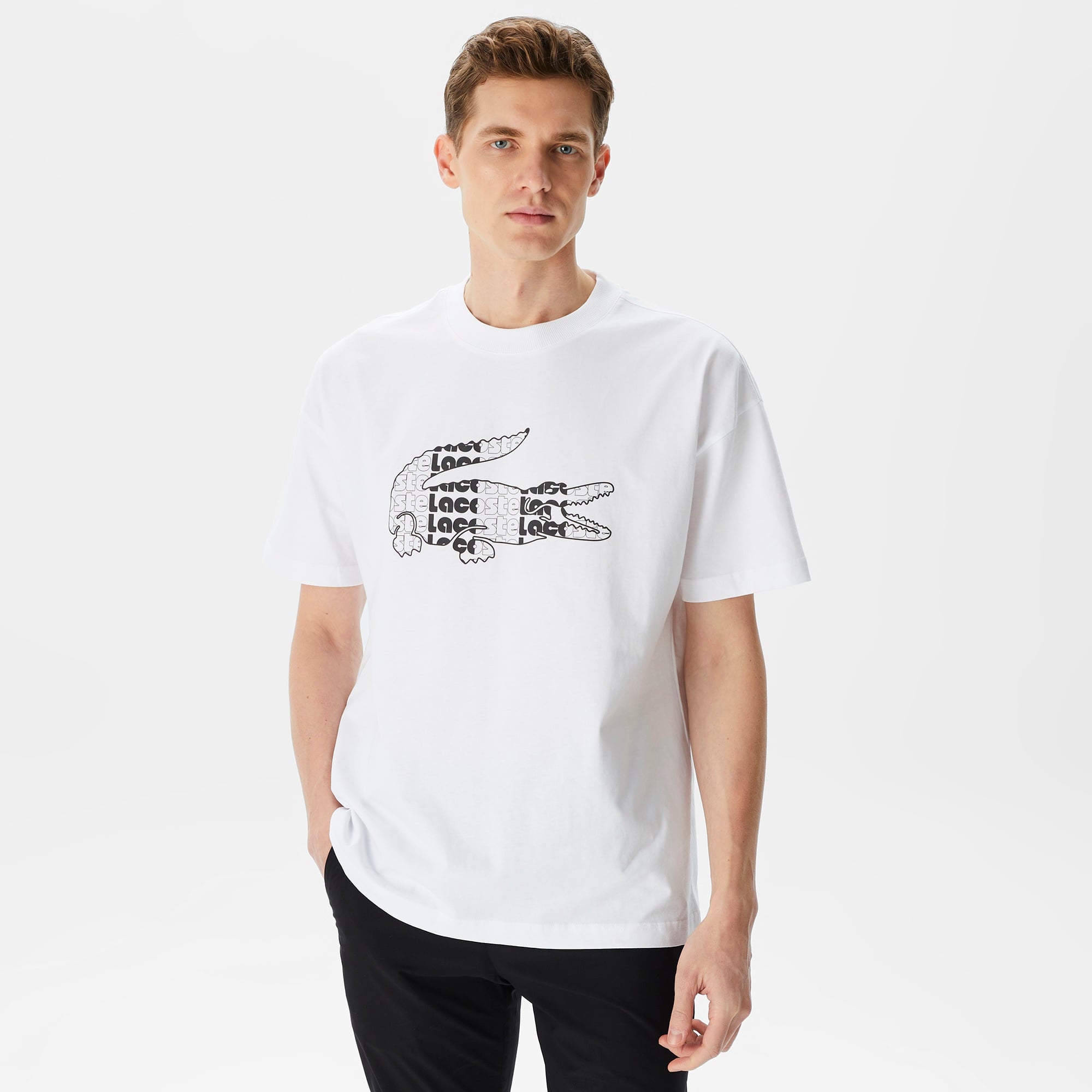 Lacoste Erkek Relaxed Fit Bisiklet Yaka Baskılı Beyaz T-Shirt