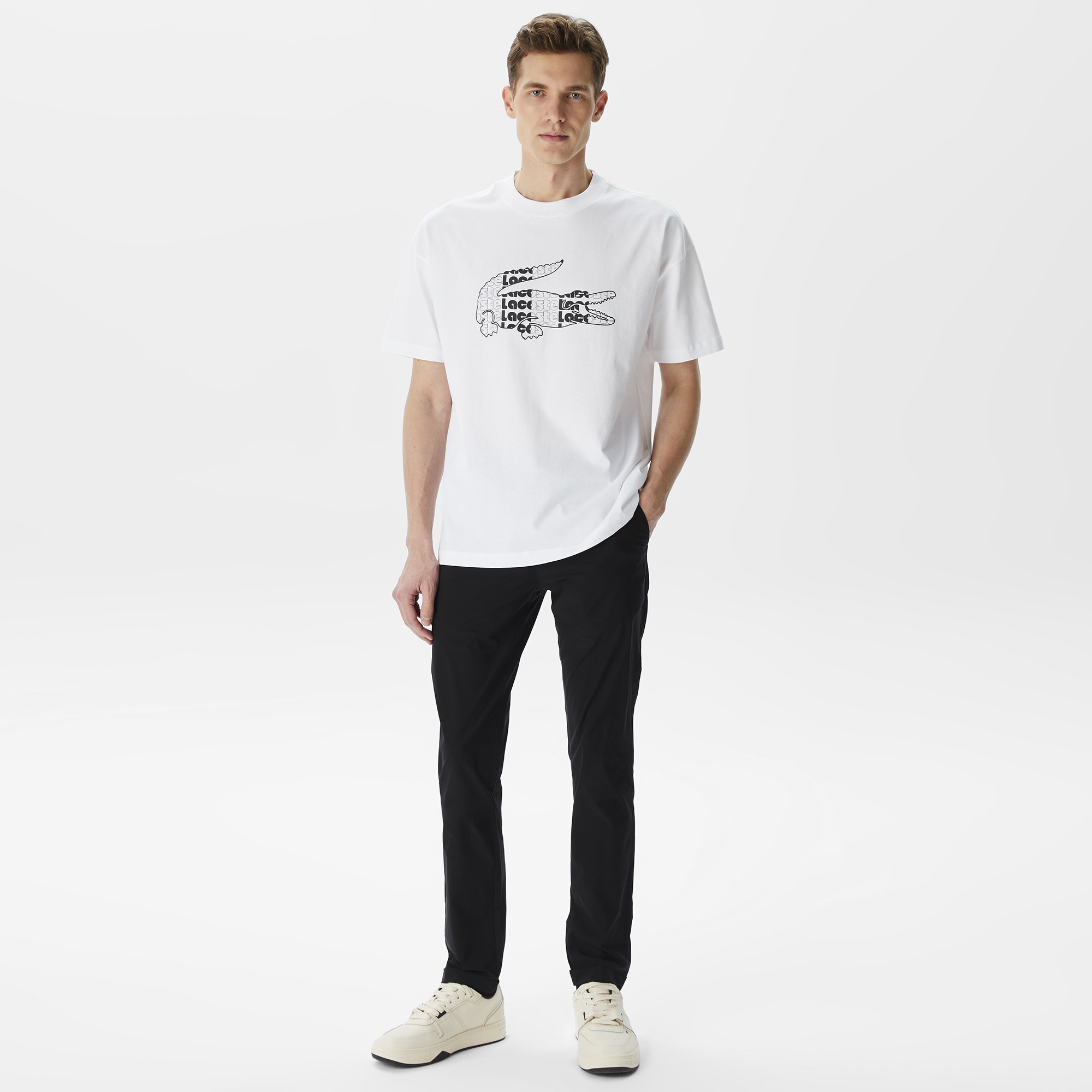 Lacoste Erkek Relaxed Fit Bisiklet Yaka Baskılı Beyaz T-Shirt