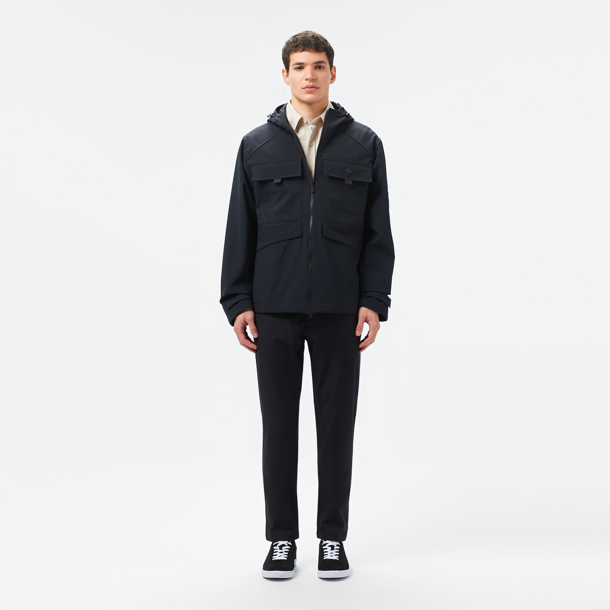 Lacoste Erkek Relaxed Fit Kapüşonlu Baskılı Siyah Yağmurluk