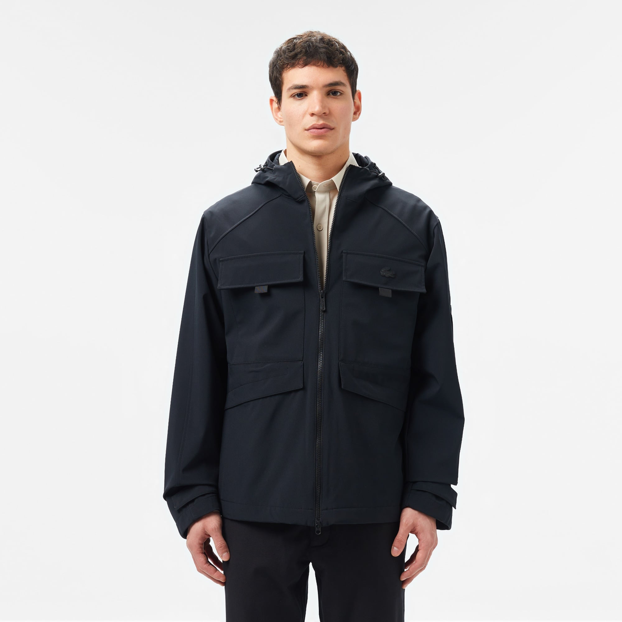 Lacoste Erkek Relaxed Fit Kapüşonlu Baskılı Siyah Yağmurluk