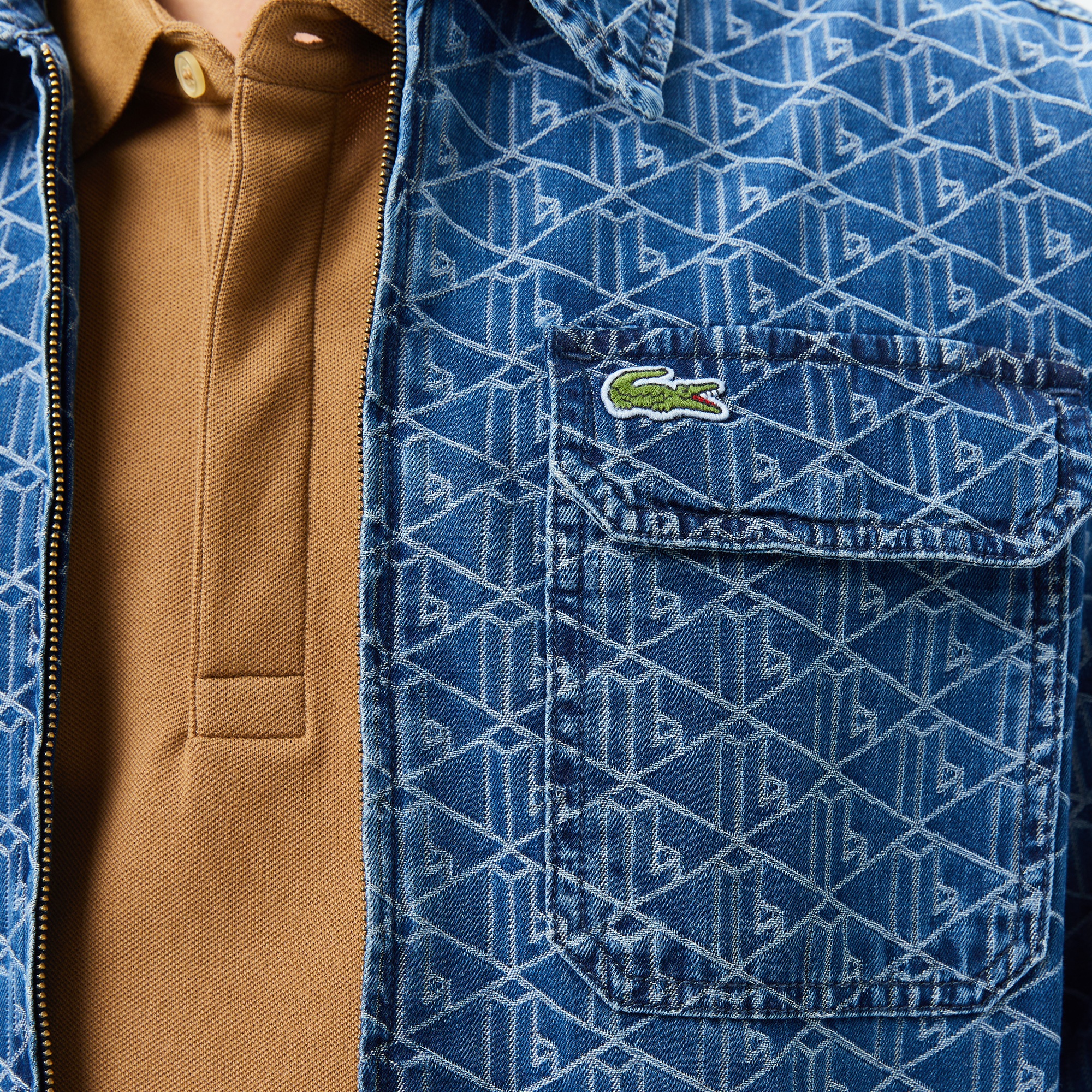 Erkek Relaxed Fit Fermuarlı Monogram Mavi Gömlek Ceket