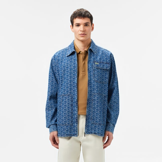  Erkek Relaxed Fit Fermuarlı Monogram Mavi Gömlek Ceket