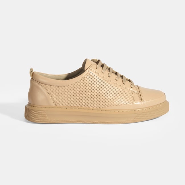  Kadın Bej Deri Bağcıklı Spor Ayakkabı