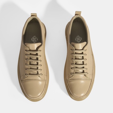  Kadın Bej Deri Bağcıklı Spor Ayakkabı