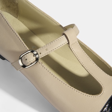  Kadın Krem Rugan T-Bant Mary Jane Babet