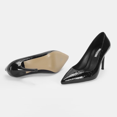  Kadın Siyah Kroko Baskılı Deri Klasik Ayakkabı