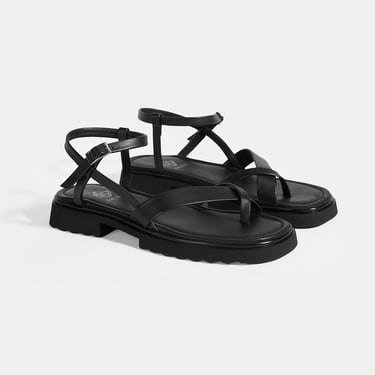  Kadın Siyah Parmak Arası Deri Sandalet