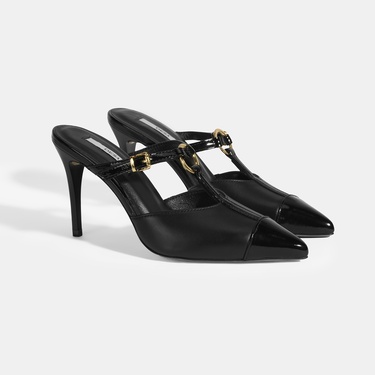  Kadın Siyah Halka Aksesuarlı Deri Abiye Topuklu Terlik