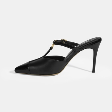  Kadın Siyah Halka Aksesuarlı Deri Abiye Topuklu Terlik