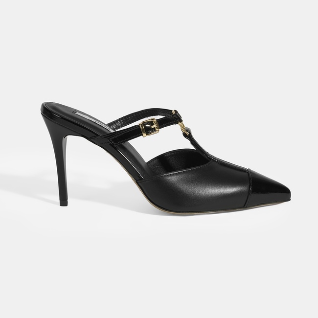  Kadın Siyah Halka Aksesuarlı Deri Abiye Topuklu Terlik