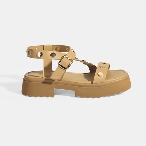  Kadın Bej Zımba Detaylı Deri Sandalet