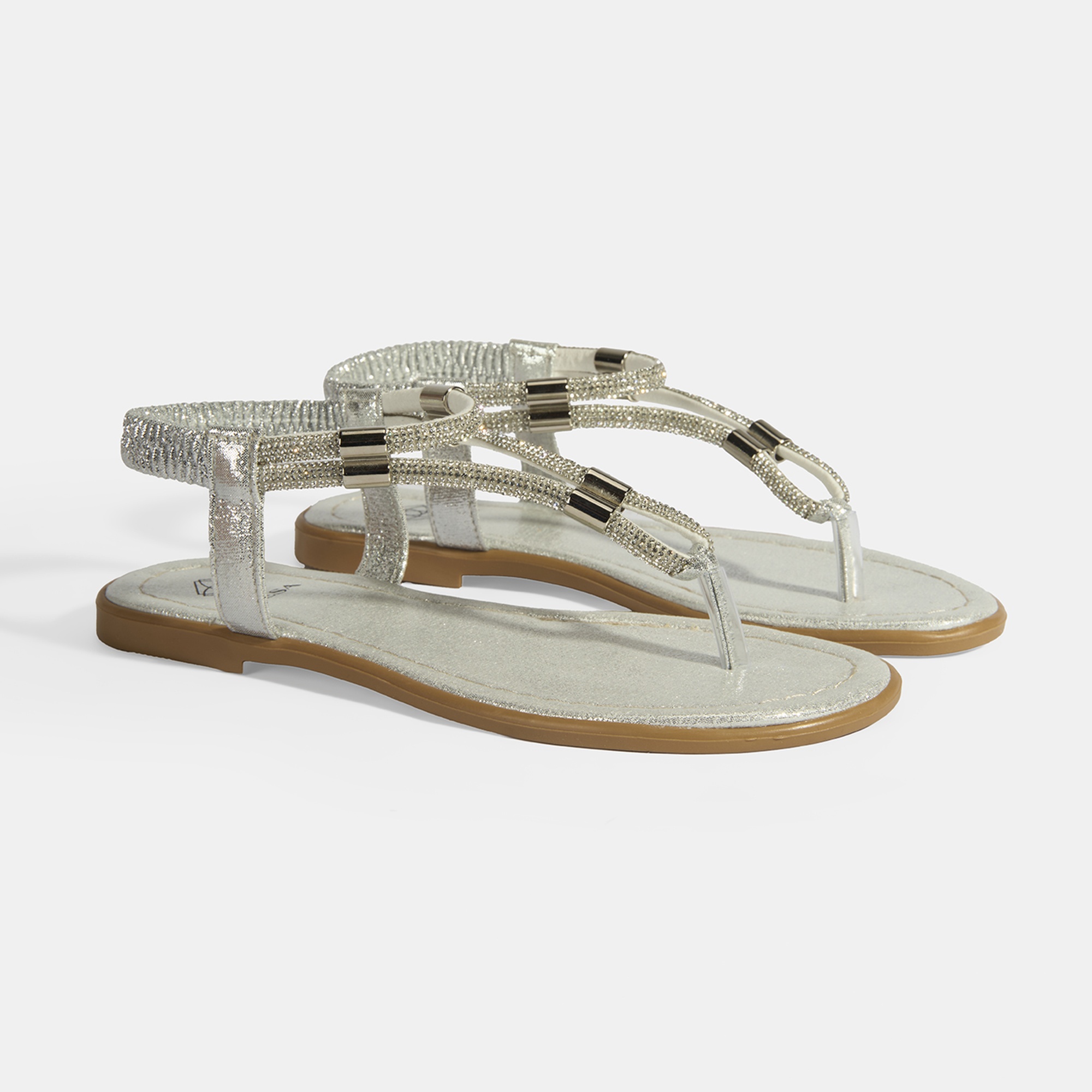 Kadın Gümüş Taşlı Lastik Bantlı Parmak Arası Sandalet