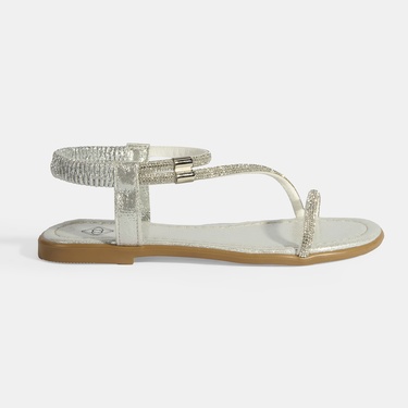  Kadın Gümüş Lastik Bantlı Taşlı Sandalet