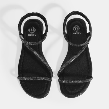  Kadın Siyah Lastik Bantlı Taşlı Sandalet