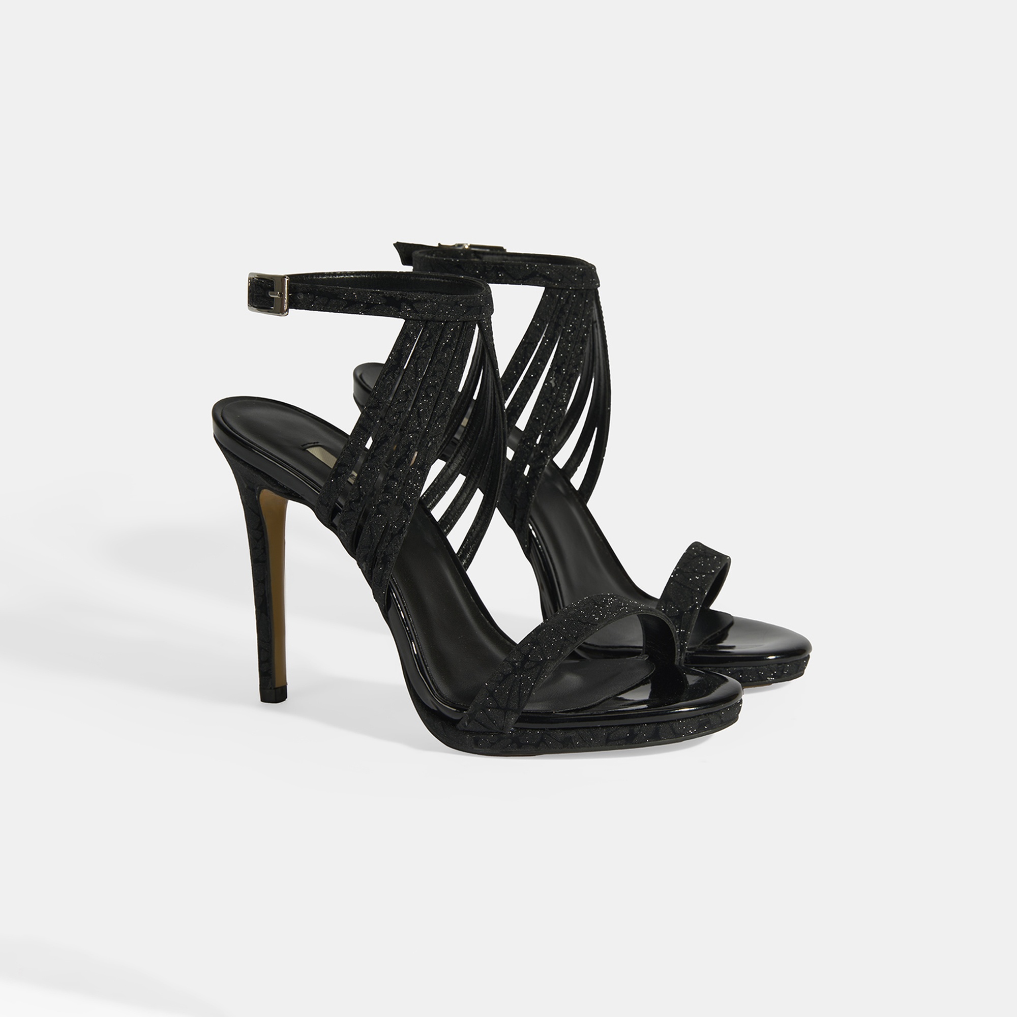 Kadın Siyah Simli Bantlı Topuklu Abiye Sandalet