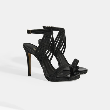  Kadın Siyah Simli Bantlı Topuklu Abiye Sandalet