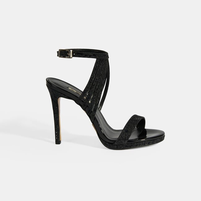  Kadın Siyah Simli Bantlı Topuklu Abiye Sandalet