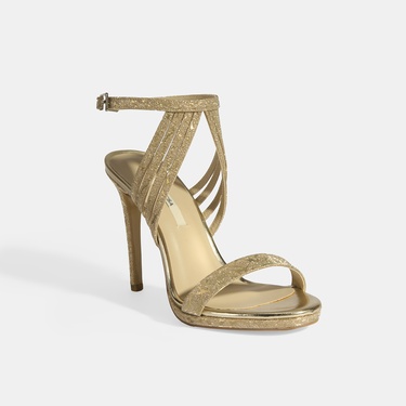  Kadın Gold Simli Bantlı Topuklu Abiye Sandalet