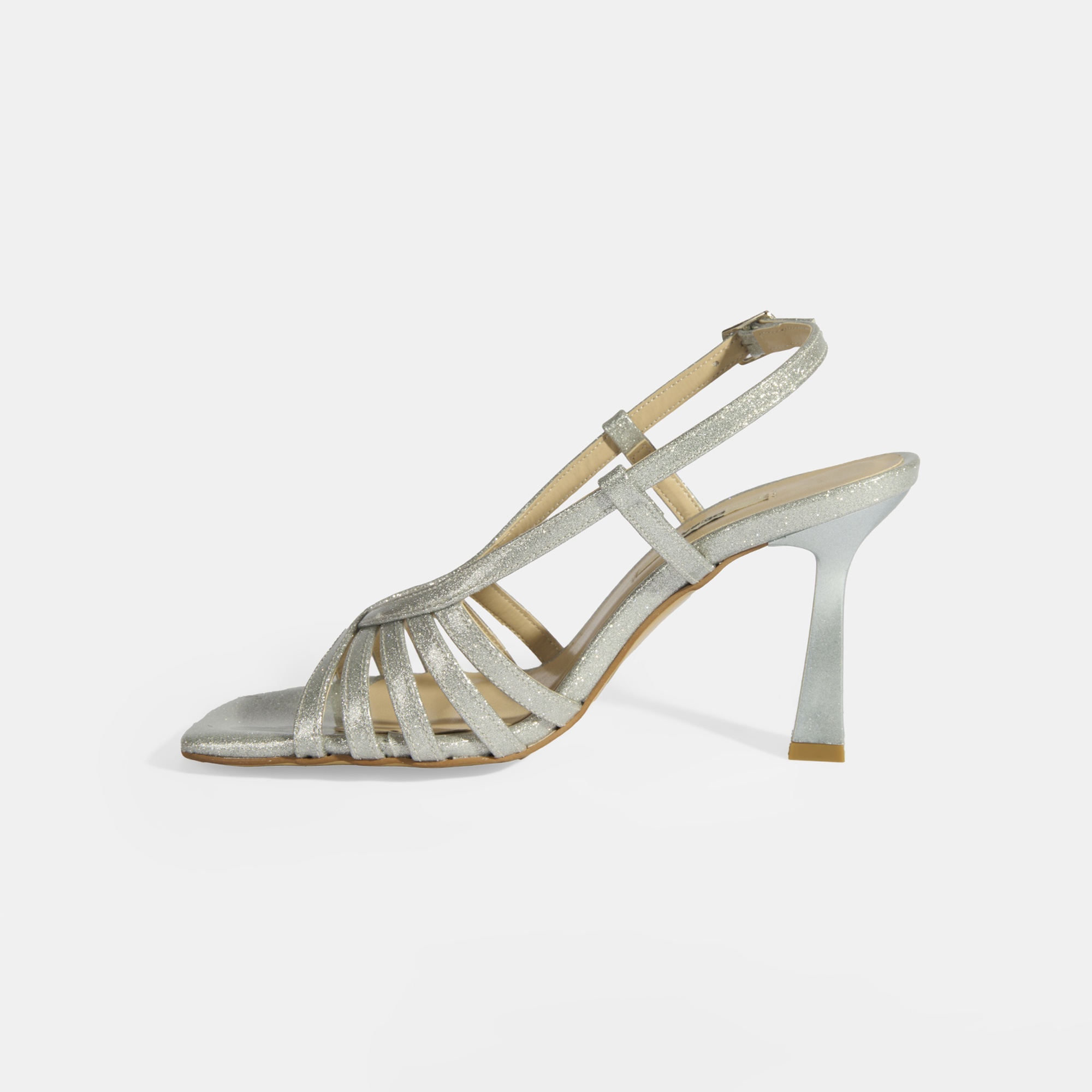 Kadın Gümüş Simli Topuklu Abiye Sandalet