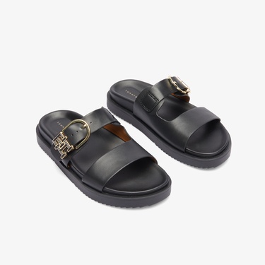  Tommy Hilfiger Leather Sporty Kadın Siyah Terlik