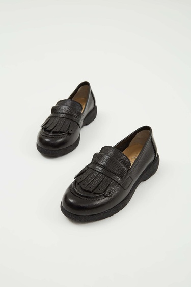  Tamer Tanca Kadın Hakiki Deri Siyah Floter Loafer Ayakkabı